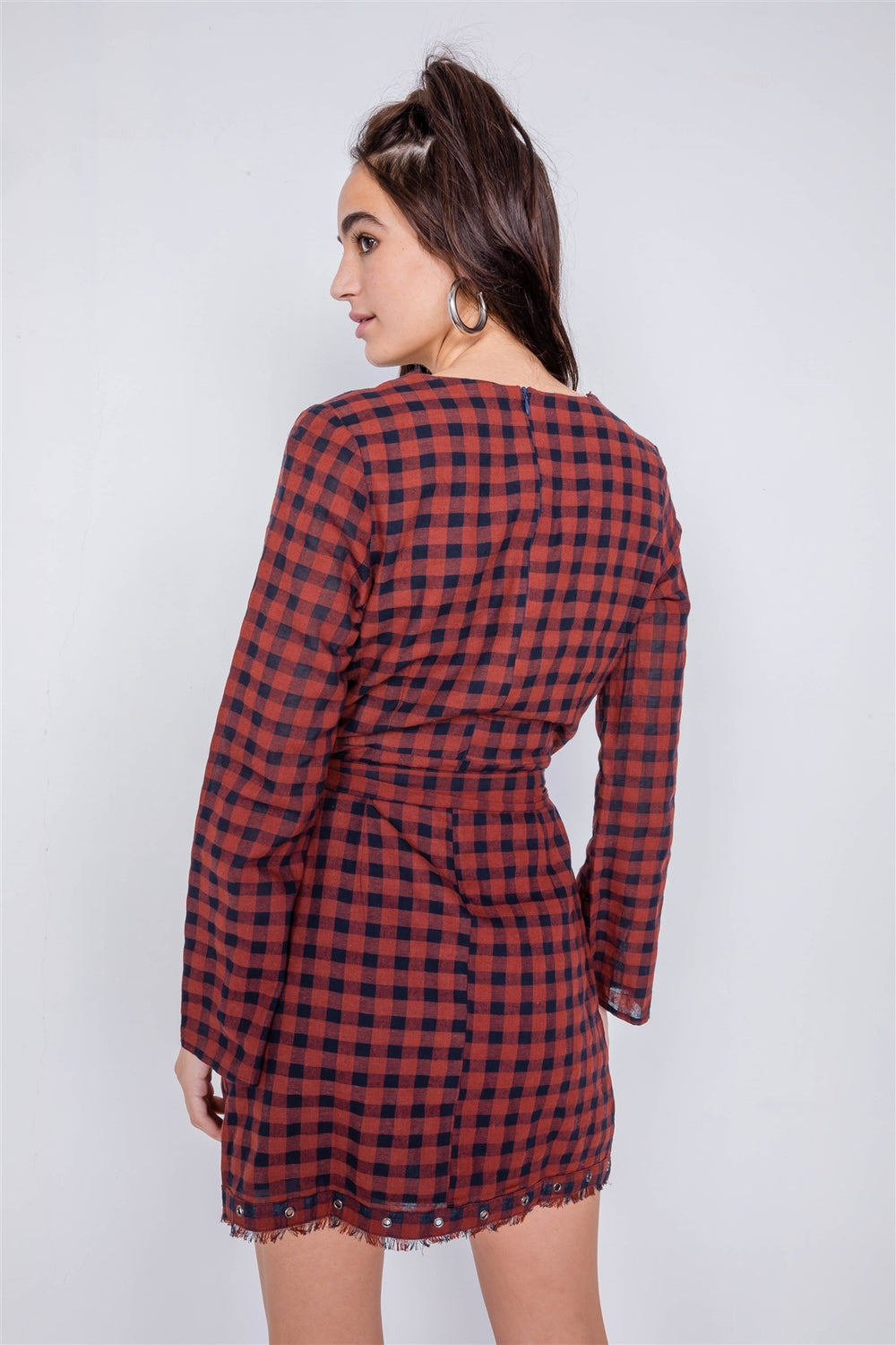 KRISTA Plaid Checkered Grommet Raw Hem Mini Dress
