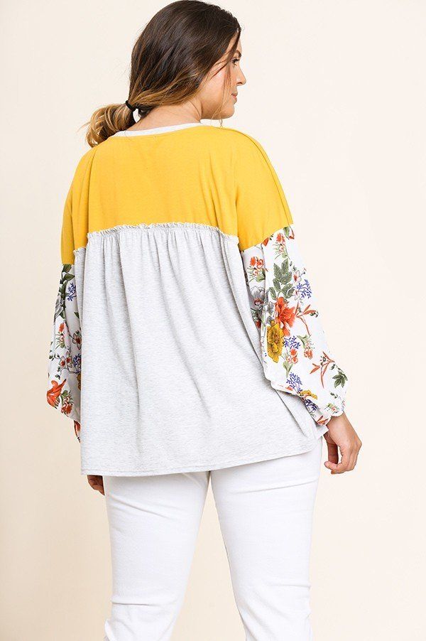 Floral Print Puff Sleeve Round Neck Heathered Top