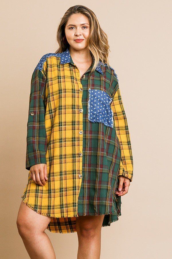 Plaid Mixed Print Long Roll Up Sleeve Collared Button Front Dress
