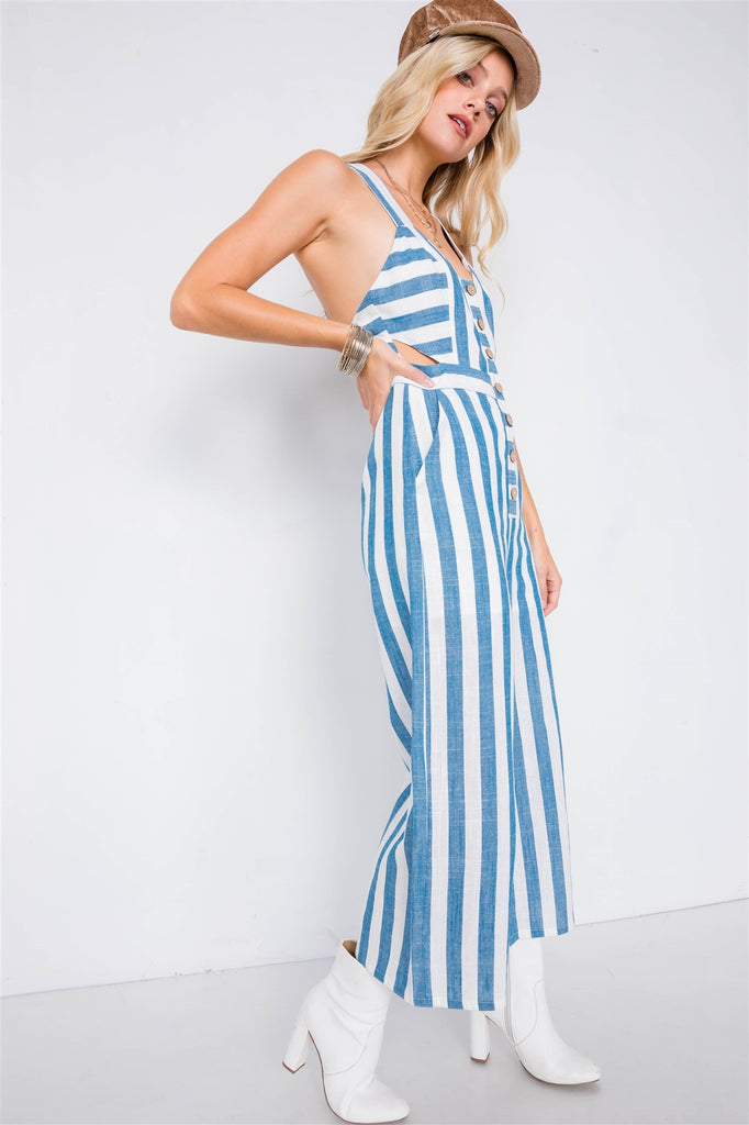 Blue Linen Stripe Jumpsuit