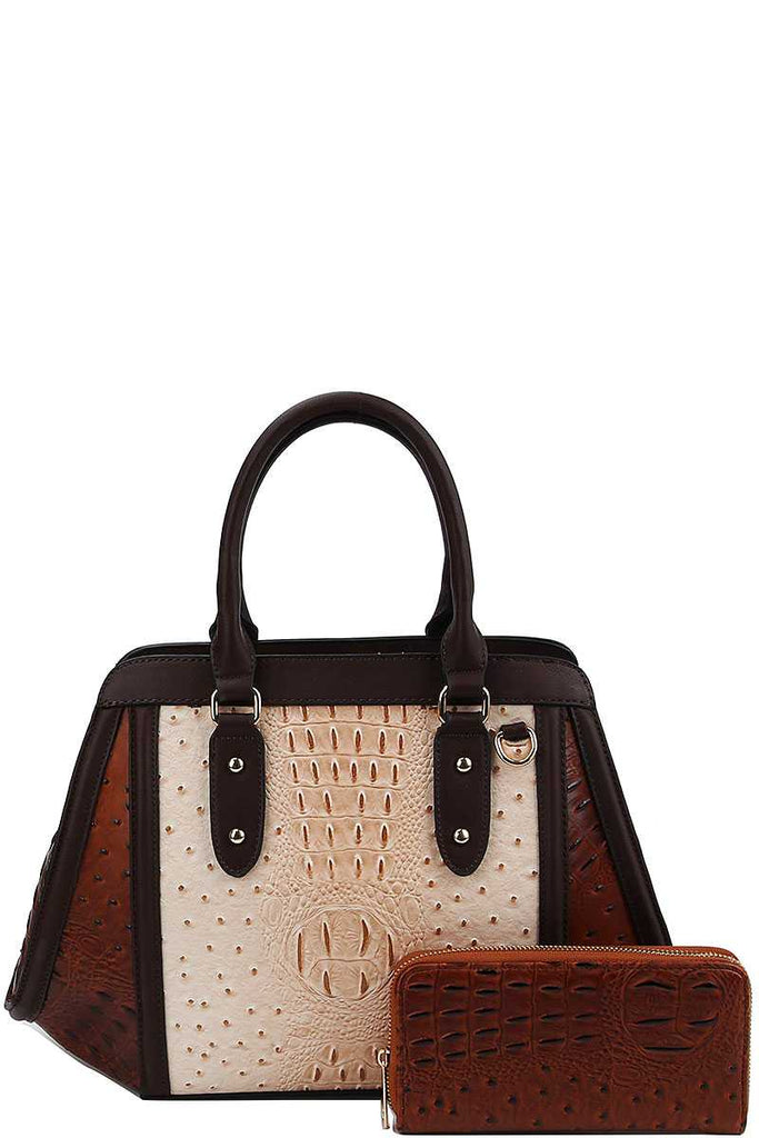 2in1 Two Tone Croco Pattern Satchel With Matching Wallet