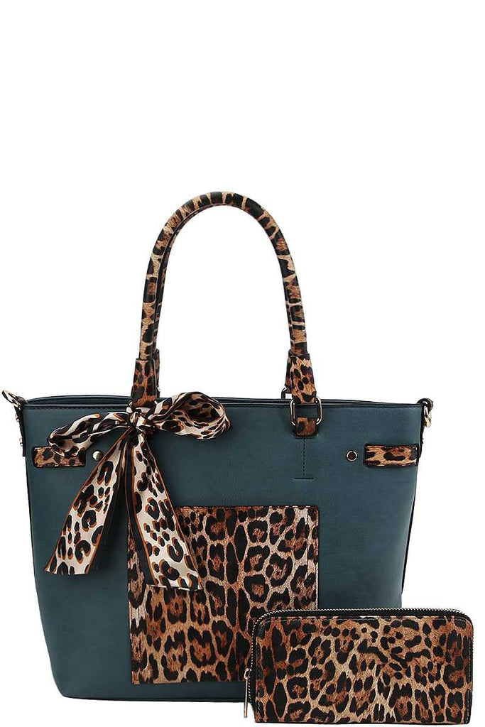 2in1 Leopard Two Tone Scarf Tote Bag With Matching Wallet