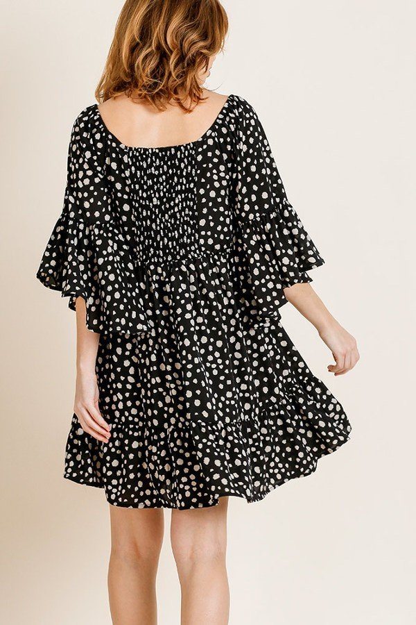 TANYA Dalmatian Print Ruffle Bell Sleeve Dress