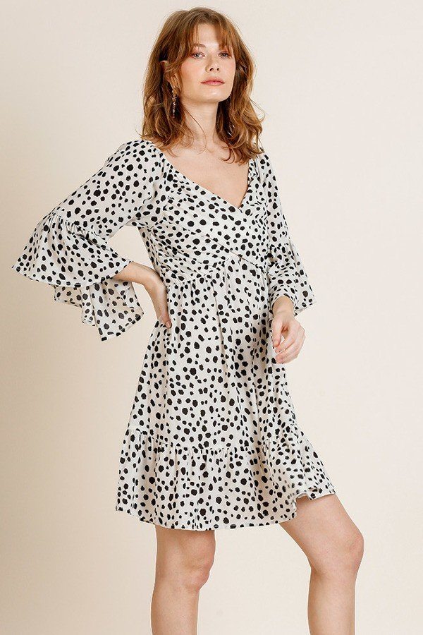 HEIDI Dalmatian Print Ruffle Bell Sleeve Dress
