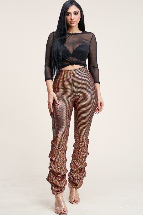 3/4 Sleeve Power Mesh Top And Holographic Stacked Pants