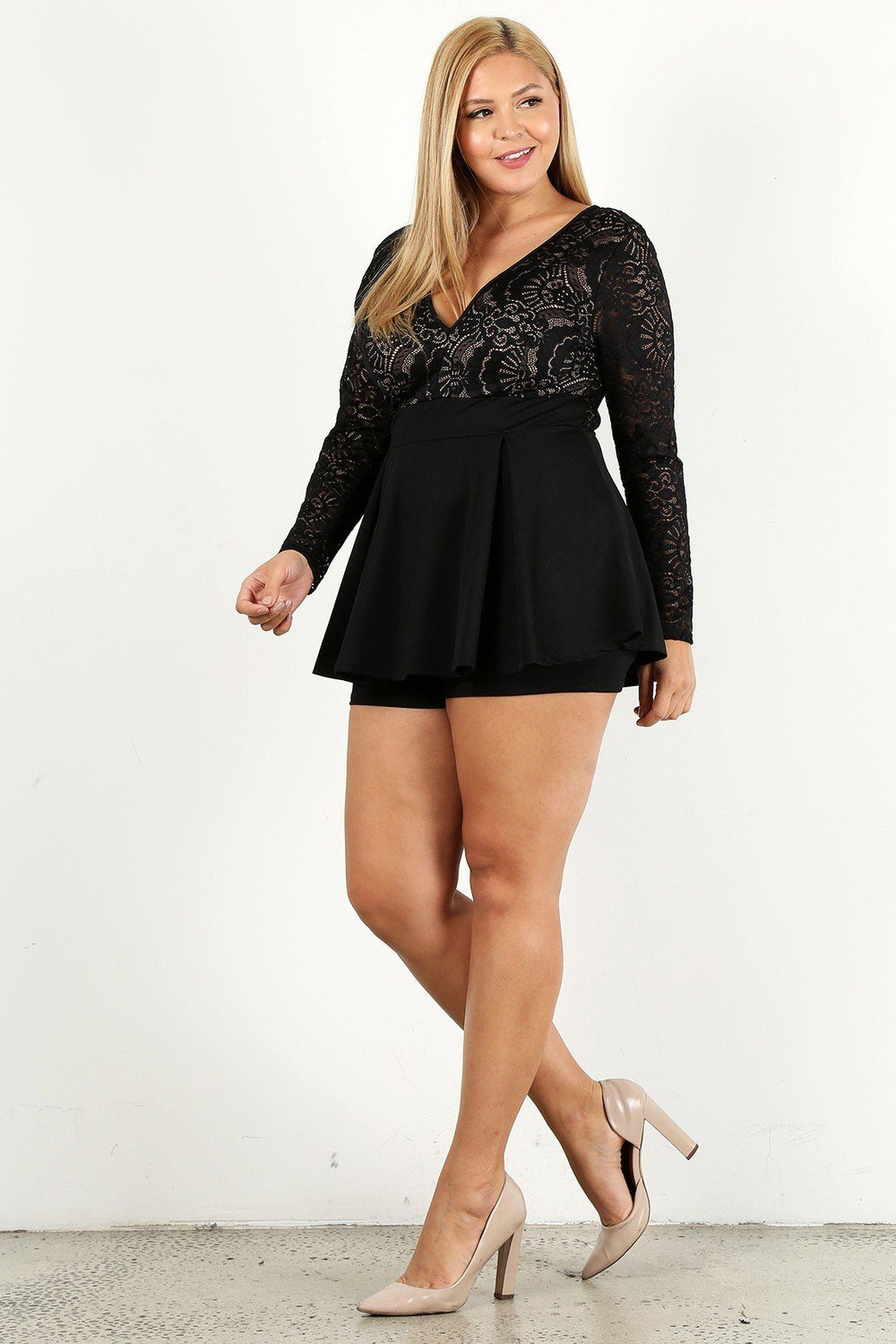 Duo Fabric Romper With Lace Detail, Peplum Bodice, And V-neckline