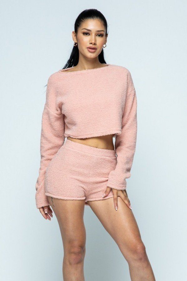 Poodle Knit Drop Shoulder Long Sleeve Cropped Top With High Waist Shorts Set