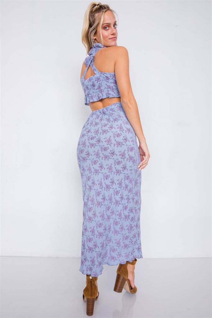 Mini Boho Print Lace Up Crop Top & High-waist Frill Trim Maxi Skirt Set