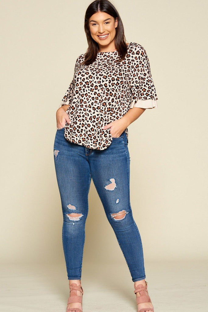 Plus Size Animal Print Swing Tunic Top With Contrast Color Block Bell Sleeves