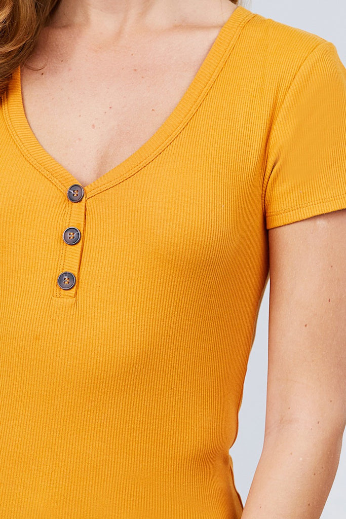 Short Sleeve V-neck W/button Detail Rib Knit Top
