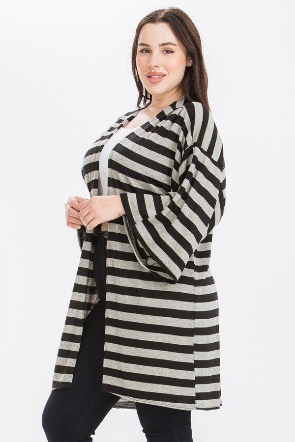 Striped, Cardigan With Kimono Style Sleeves