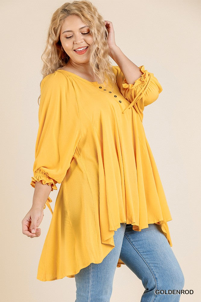 Ruffle Tie Sleeve Button Round Neck Tunic With High Low Hem