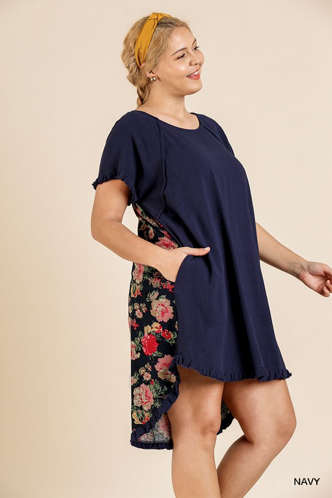 Short Sleeve Round Neck Dress With Floral Print Back And High Low Scoop Ruffle Hem