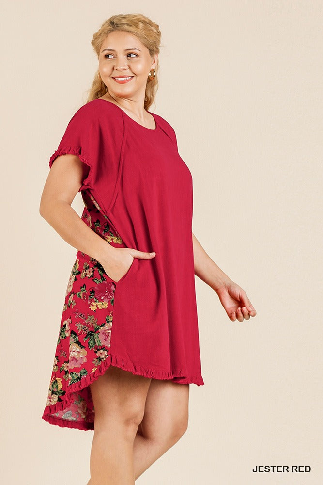 Short Sleeve Round Neck Dress With Floral Print Back And High Low Scoop Ruffle Hem