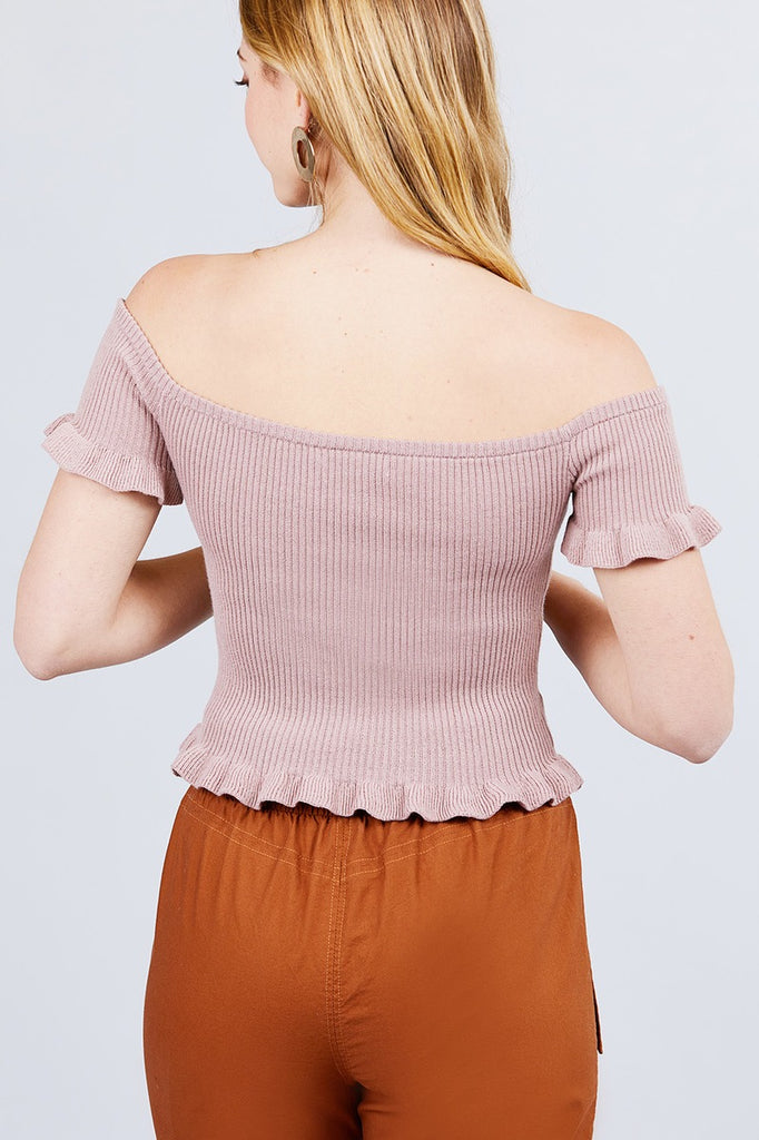 Short Sleeve Off The Shoulder W/ruffle Detail Sweater Top