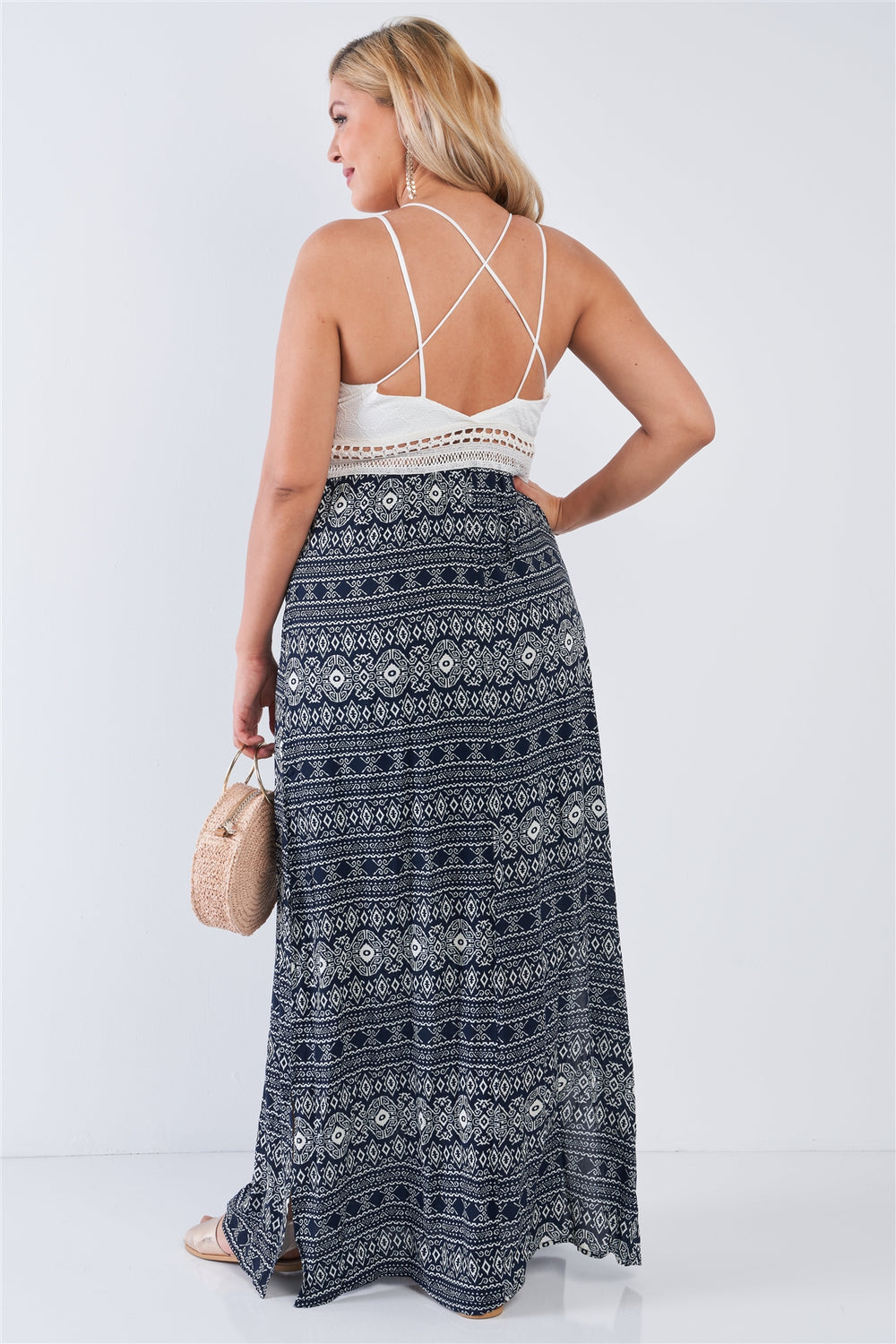 Plus Size Navy V-neck Lace Crochet Detail Criss Cross Back Maxi Dress