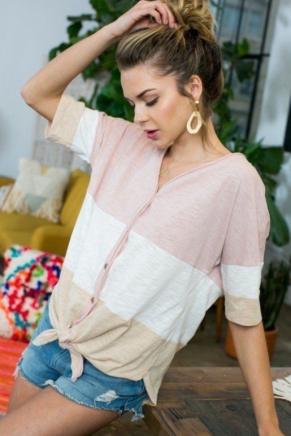 Short Sleeve Front Tie Button Down Color Block Knit Top