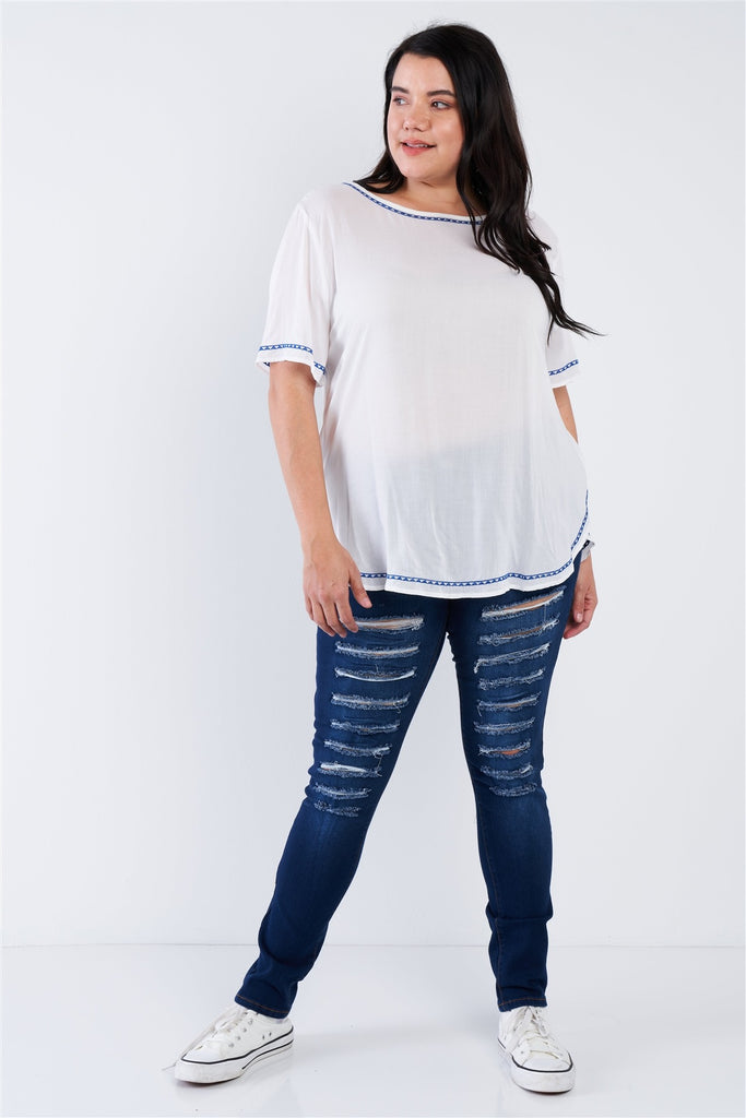 Plus Size Embroidered Hem Short Sleeve Top