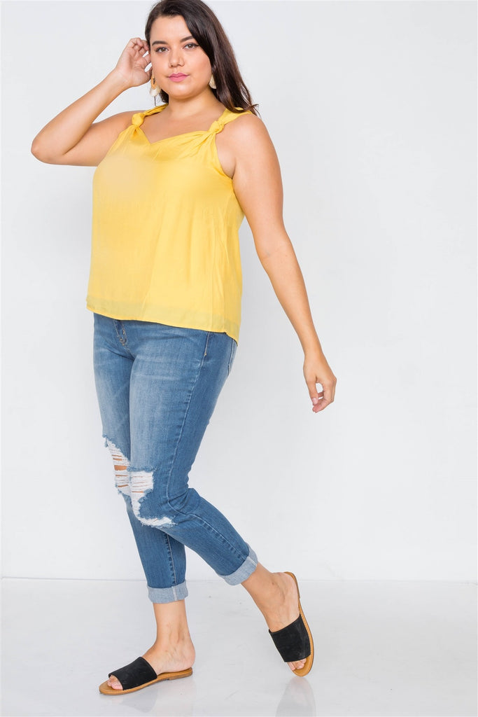 Canary Yellow V-neck Gathered Shoulder Casual Top