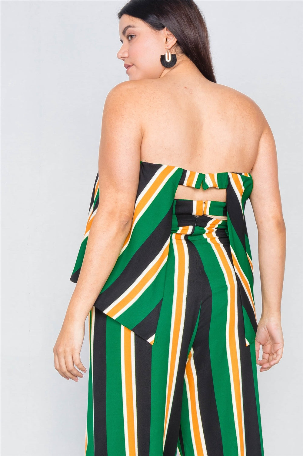 Plus Size Green Multi Stripe Open Back Jumpsuit