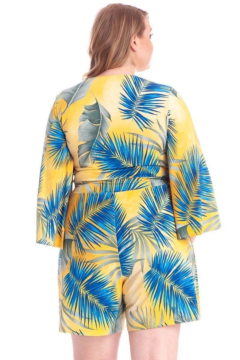 Tropical Leaf Print Kimono Sleeve Romper