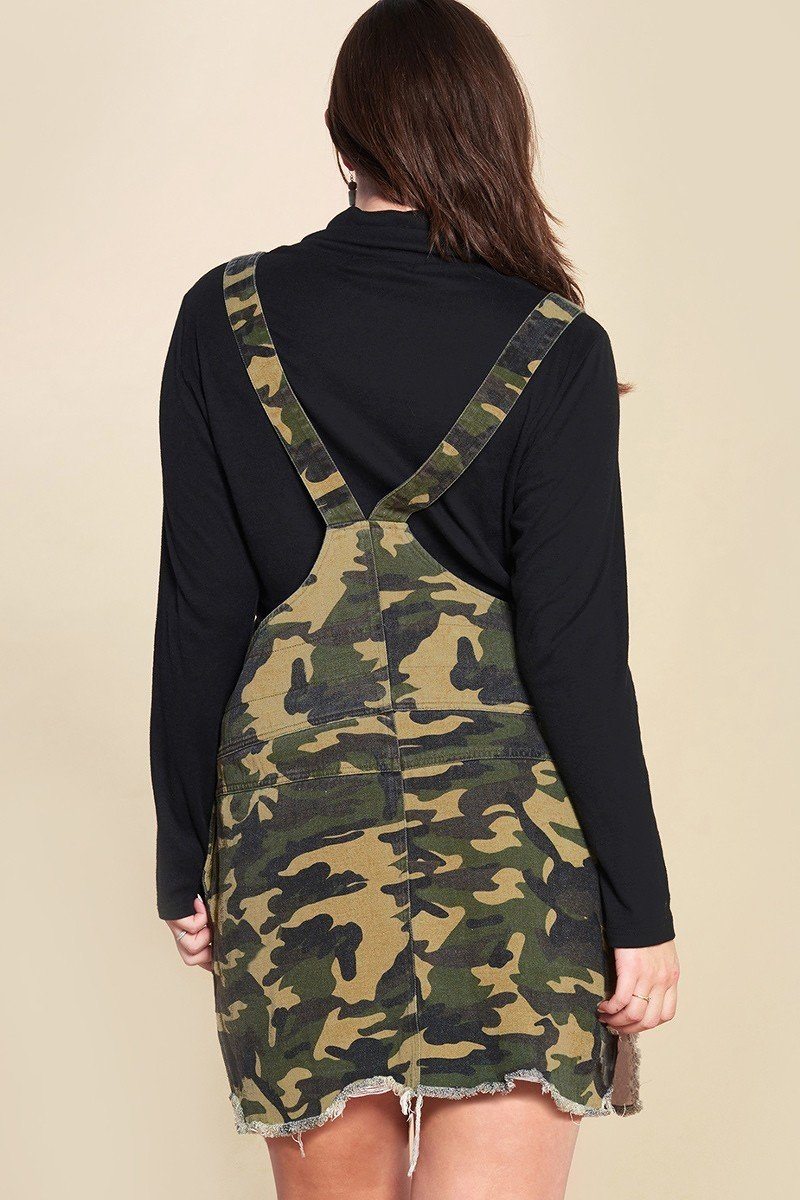 Camouflage Printed Overall Mini Dress Featuring Pockets And Frayed Hem