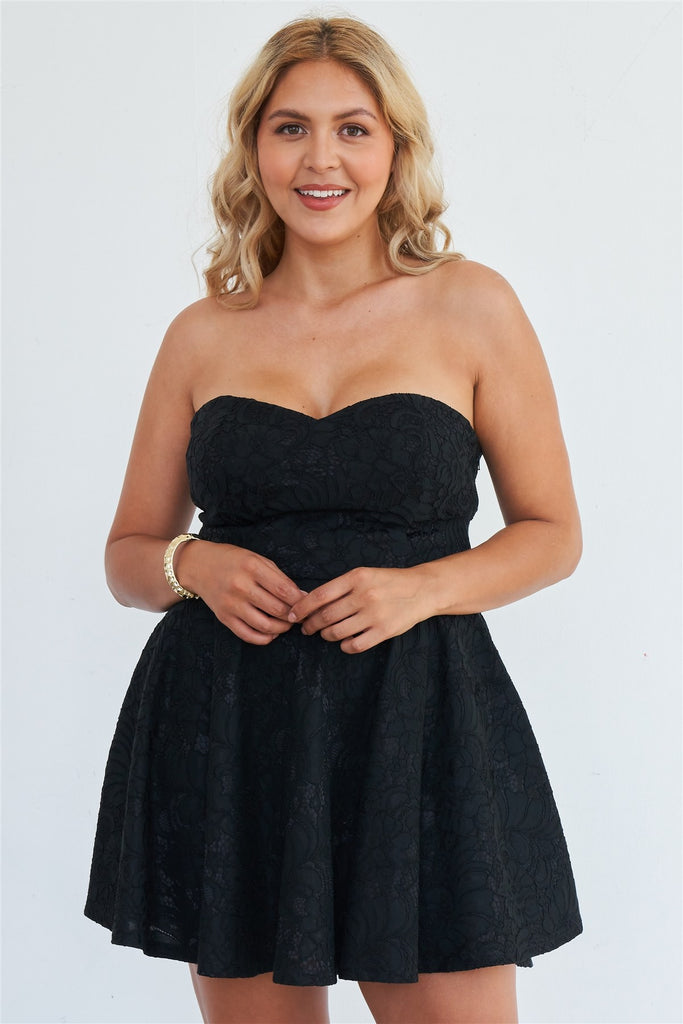 Plus Size Strapless Black Floral Lace Embroidered Flare Mini Dress
