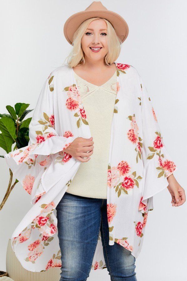 Floral Print Ruffle Detailed Draped Longline Maxi Kimono Cardigan