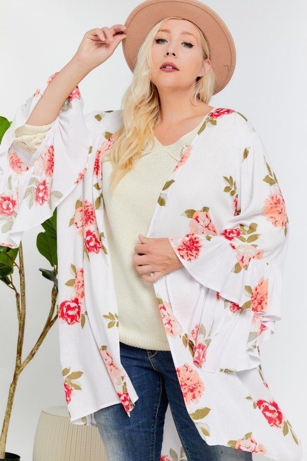 Bevidst Diligence Intensiv Floral Print Ruffle Detailed Draped Longline Maxi Kimono Cardigan – CHIVANE