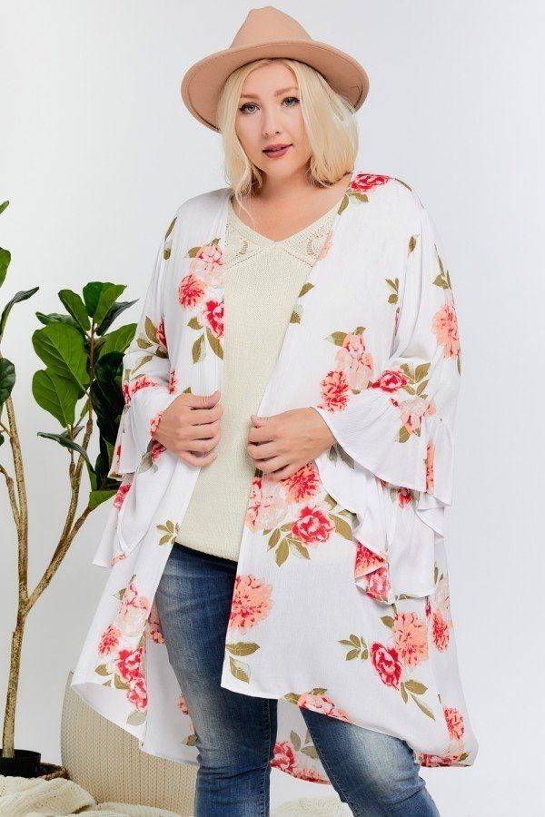 Floral Print Ruffle Detailed Draped Longline Maxi Kimono Cardigan