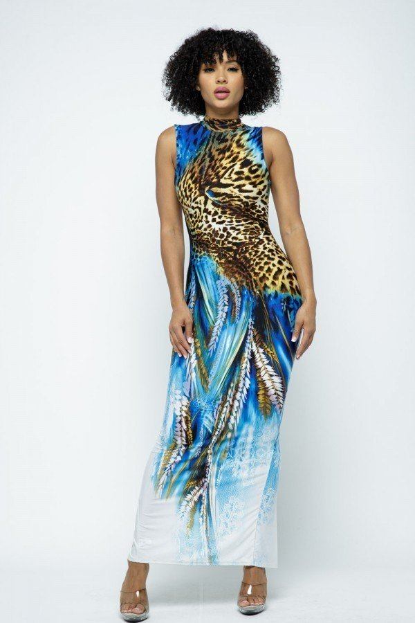 Mock Neck Back Open Body Con Maxi Dress With Mask