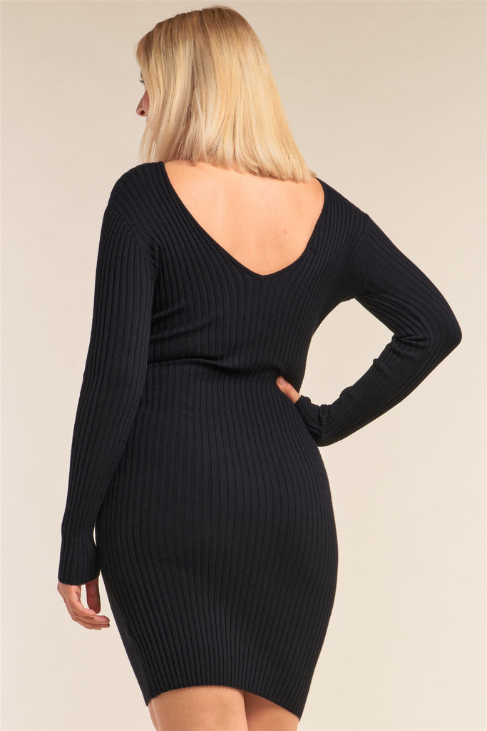 Plus Size V-neck Long Sleeve Ribbed Sweater Bodycon Mini Dress