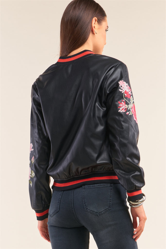 Rosa Black Vegan Leather Floral Embroidery Striped Hem Bomber Jacket