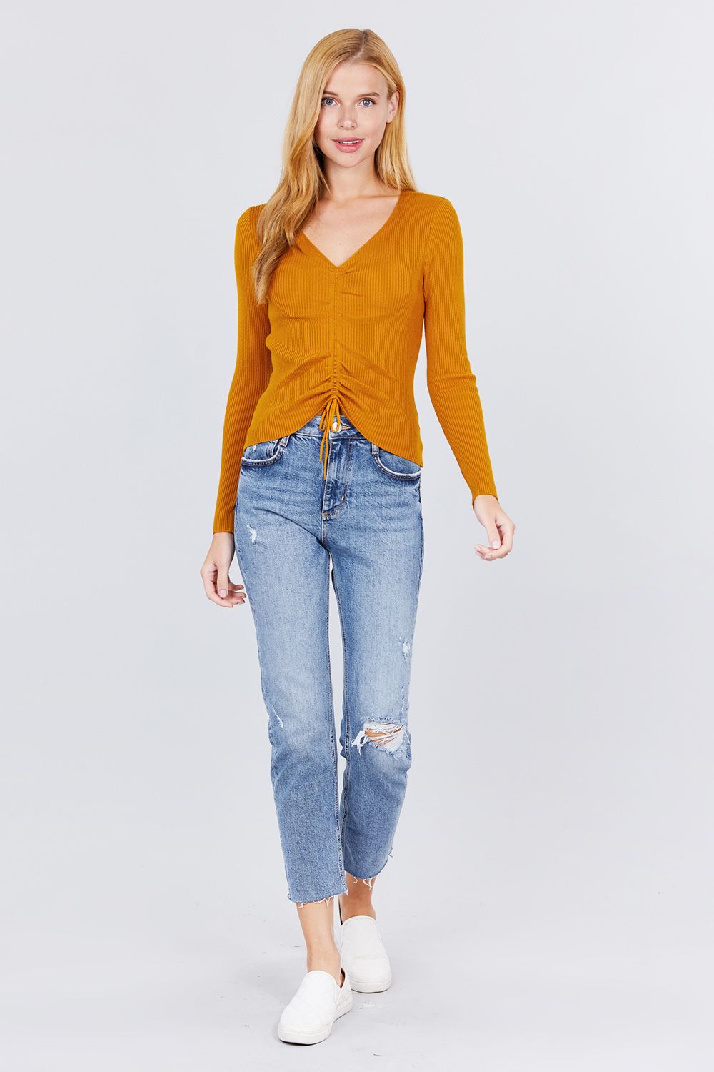 Long Sleeve V-neck Front With Shirring Tie Detail Rib Sweater Top