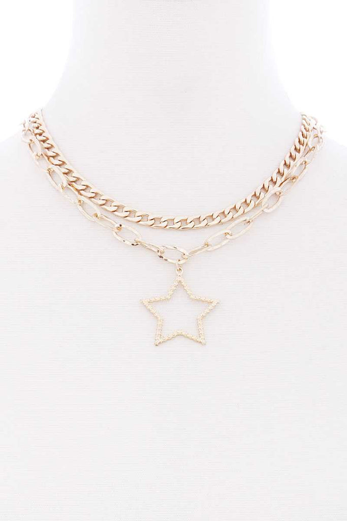 Chunky 2 Layered Chain Star Pendant Metal Necklace