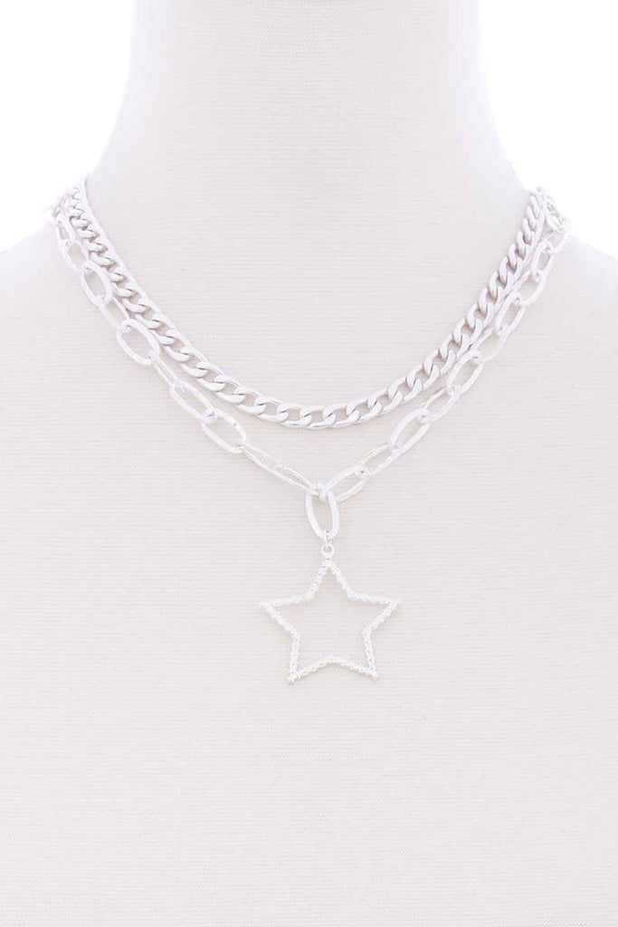 Chunky 2 Layered Chain Star Pendant Metal Necklace