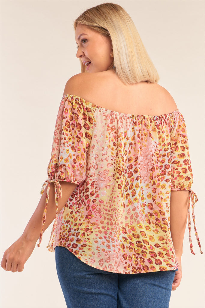 Plus Size  Leopard Print Relaxed Fit Off-the-shoulder Draw String Self Tie Puff Sleeve Top