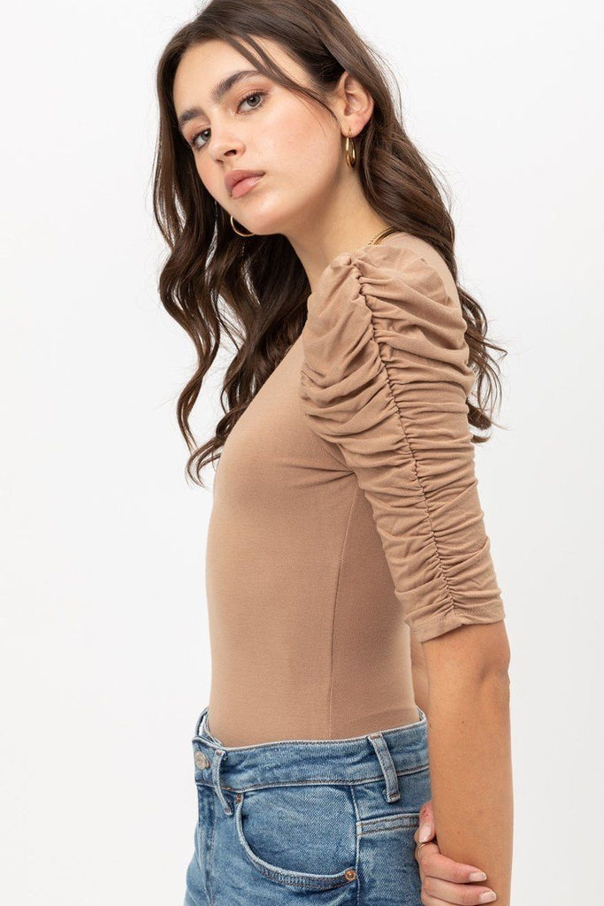 Sheered 3/4 Sleeve, V Neck Rayon Jersey Body Suit
