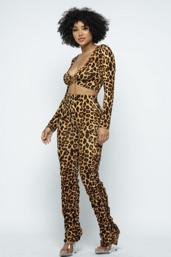 Leopard Printed Crop Top O Ringdetail Bottom Shirring Pant Set