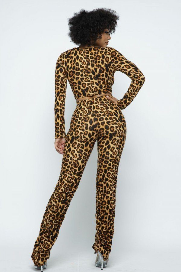 Leopard Printed Crop Top O Ringdetail Bottom Shirring Pant Set