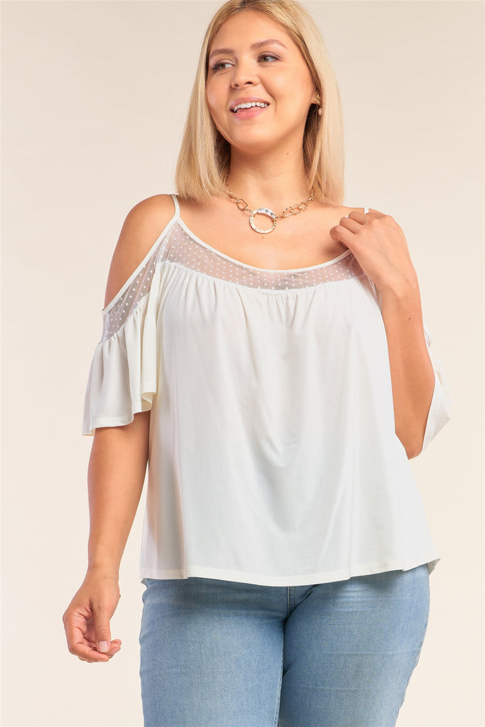 Plus Size Ivory Relaxed Fit Off-the-shoulder Polka Dot Mesh Hem Babydoll Top