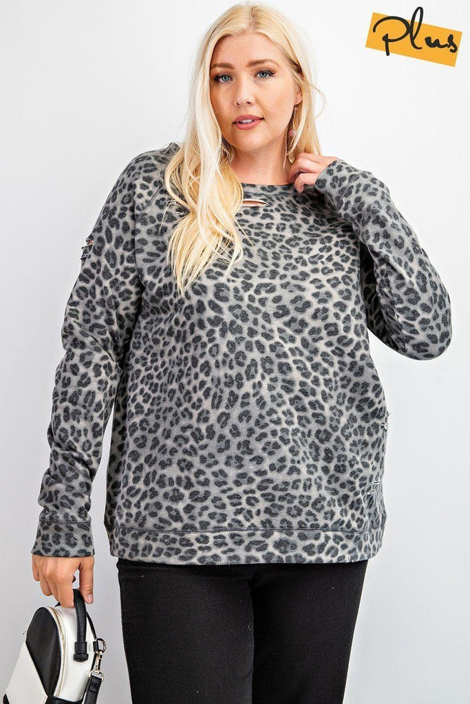 Long Sleeve Leopard Printed Terry Knit Pullover