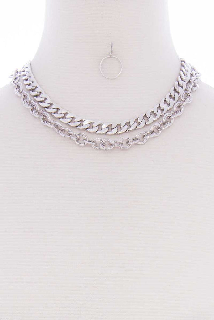 2 Layered Metal Link Chain Multi Necklace Earring Set