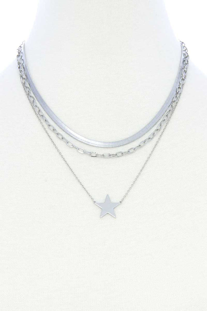 Triple Layer Star Pendant Metal Necklace