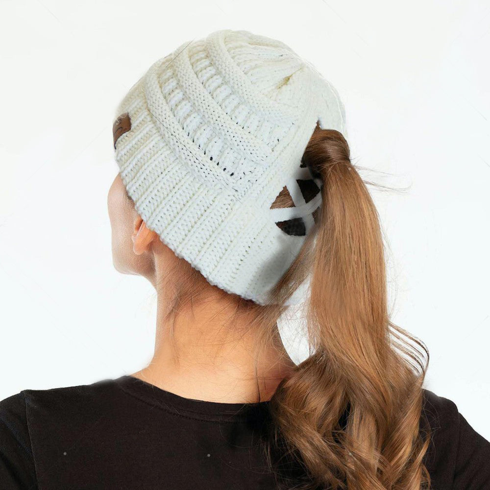 CC CCB Ribbed Knit Beanie Criss Cross Ponytail Detail Multiple Ways