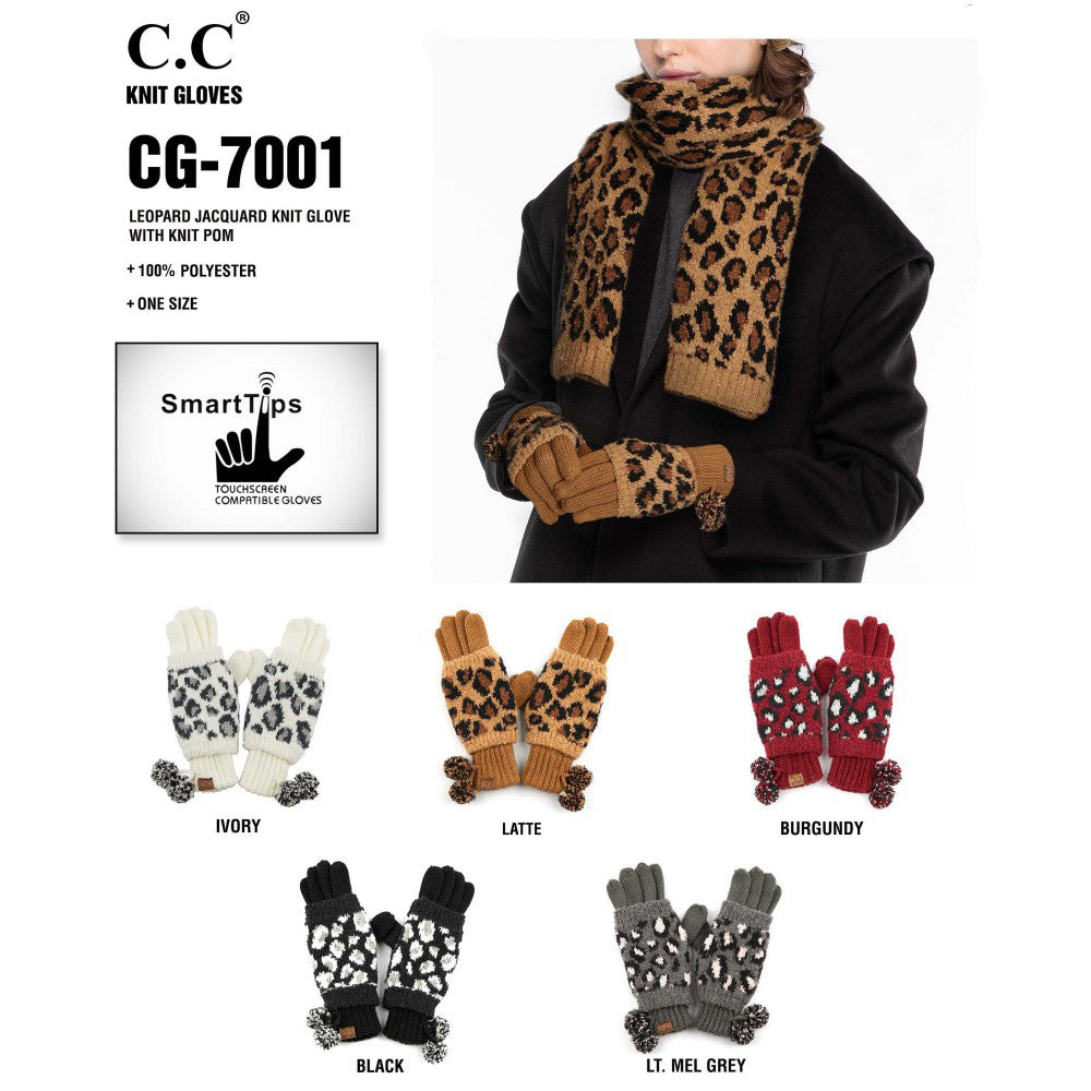 CC Leopard Print Jacquard Knit Pom Pom Gloves