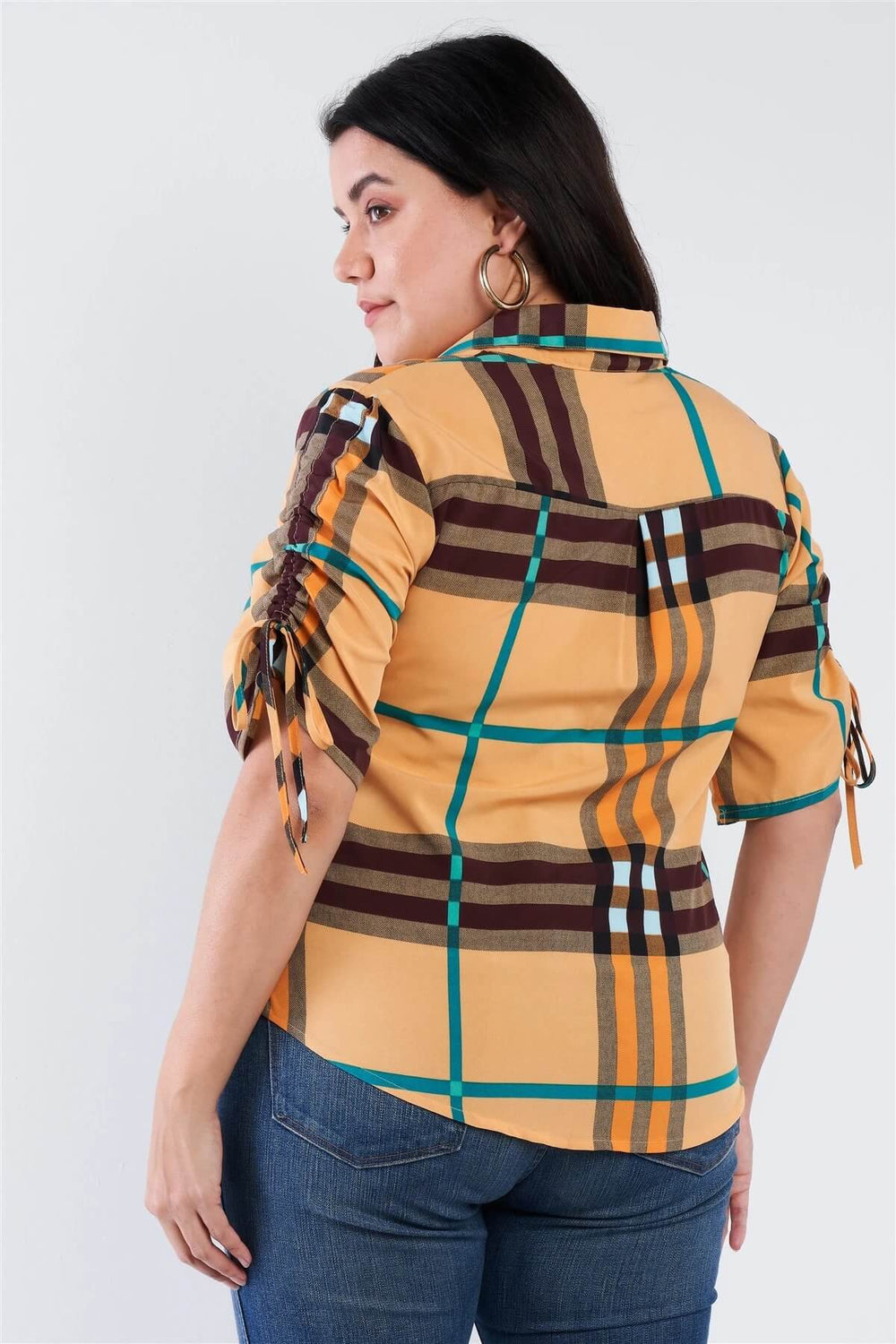Plus Size Plaid Multi Stripe Cinched Sleeve Button Down Top From Back